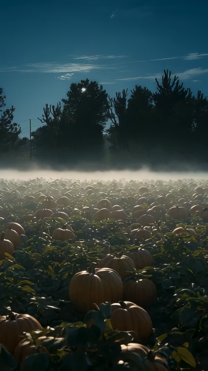 Vertical video: Camera tilting over fog, pumpkin patch vine leaves beneath trees, full moon shining