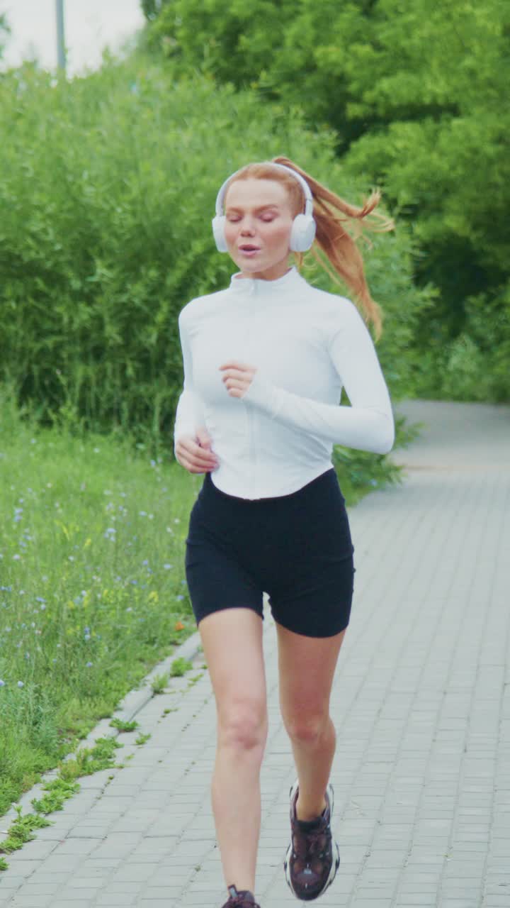 Dynamic Female Athlete Running Gracefully in Nature, Showcasing Strength and Enthusiasm While Listening to Music on Headphones During Her Training Session