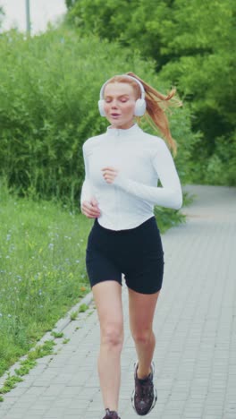 dynamic female athlete running gracefully in nature, showcasing strength and enthusiasm while listening to music on headphones during her training session