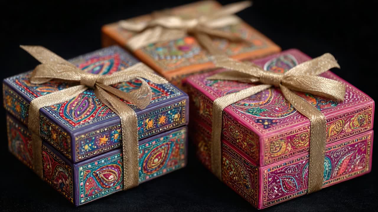 A Stunning Display of Colorful Decorative Gift Boxes with Intricate Patterns, Perfectly Tied with Gold Ribbon to Enhance Any Presenting Occasion