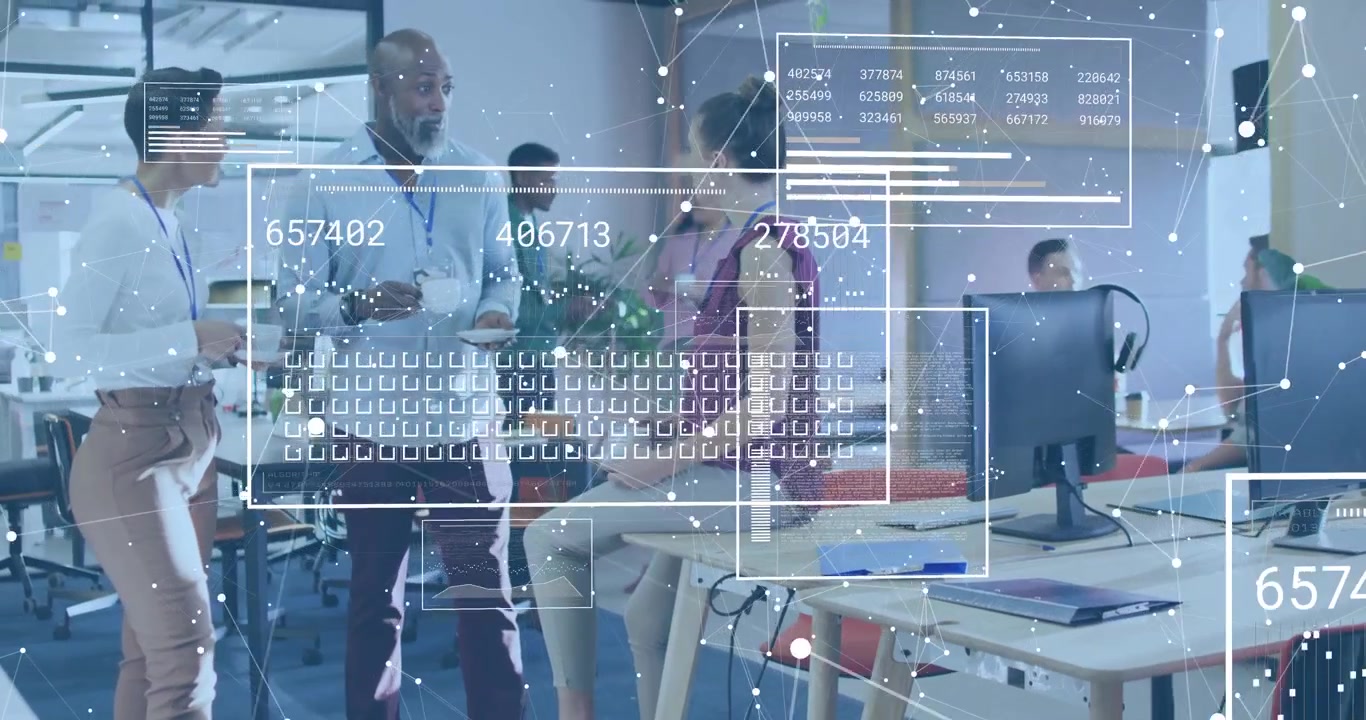 Colleagues gathering at desk sharing coffee, overlays fading in scanning team business analytics