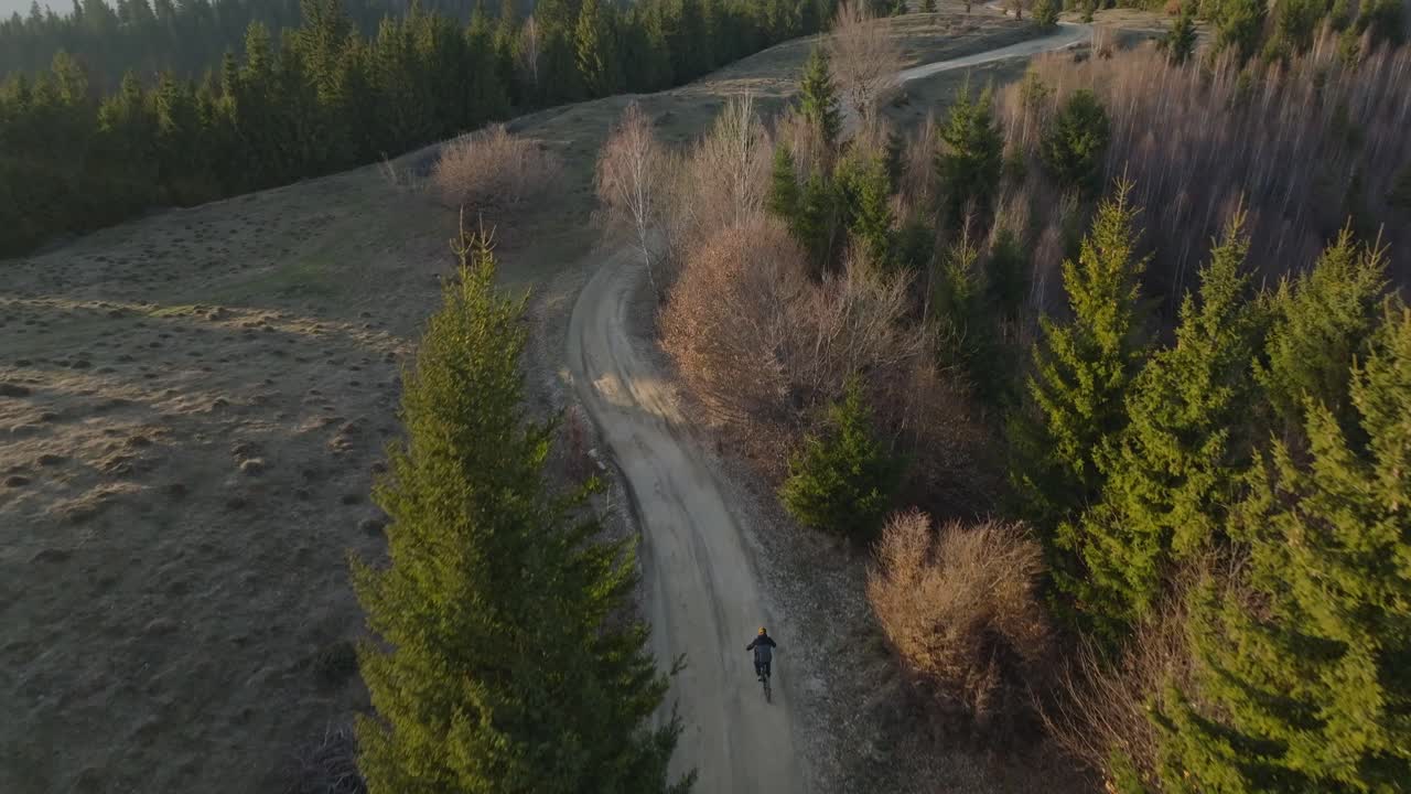 A mountain biker rides along a dirt path through a forest at sunset, aerial view
