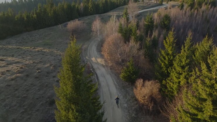 A mountain biker rides along a dirt path through a forest at sunset, aerial view