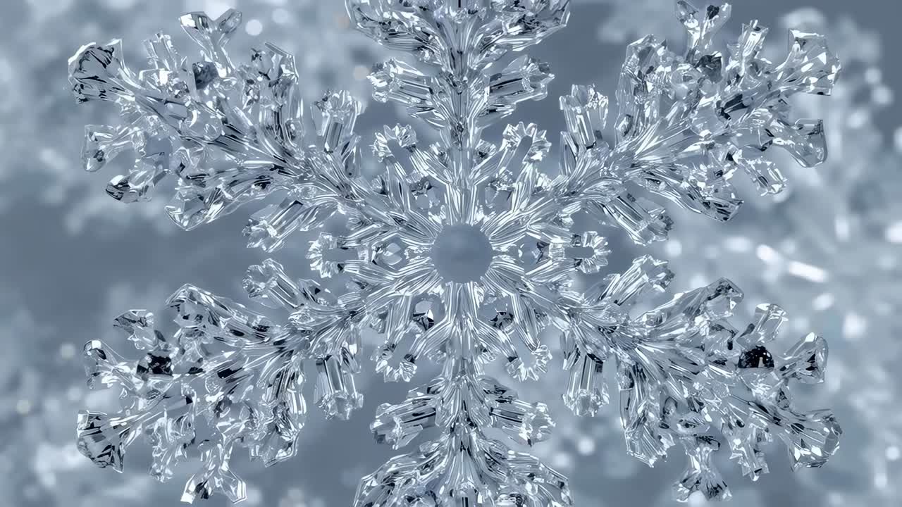 Camera shifting revealing hexagonal snowflake crystal facets in macro lab showing dark specks