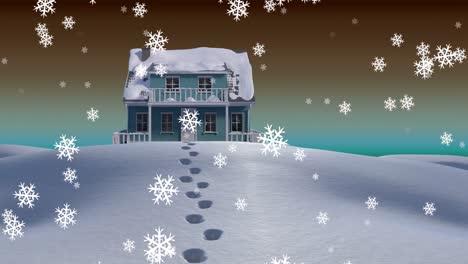 Animation-of-christmas-snowflakes-falling-over-snow-covered-house-and-field