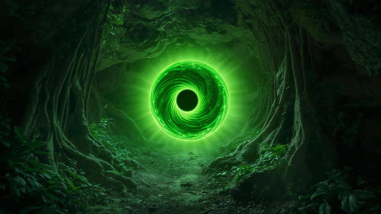 Materializing green portal swirling, pulsing inside cavern among roots, hinting surface escape