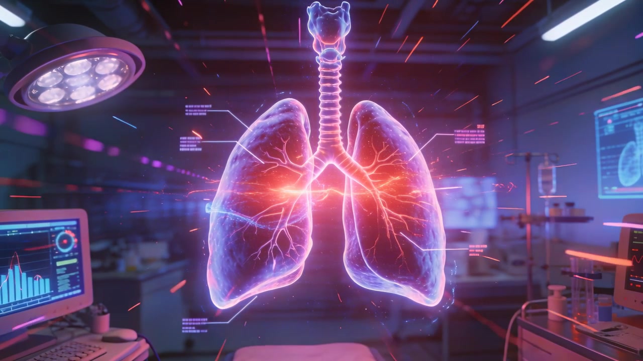 Starting scan, system projecting hologram lungs and trachea pulsing over gurney, monitors updating