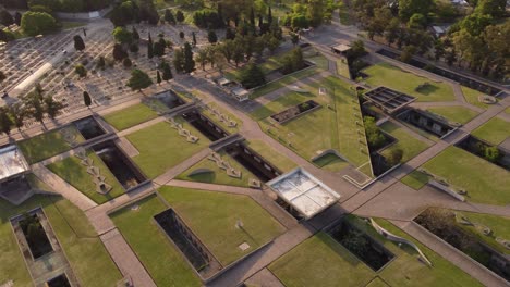Aerial-drone-view-over-Cementerio-de-la-Chacarita-or-National-Cemetery,-Buenos-Aires