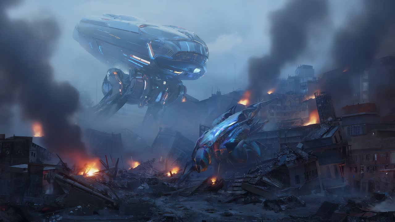 Battaglia Sci-Fi tra le rovine di una città