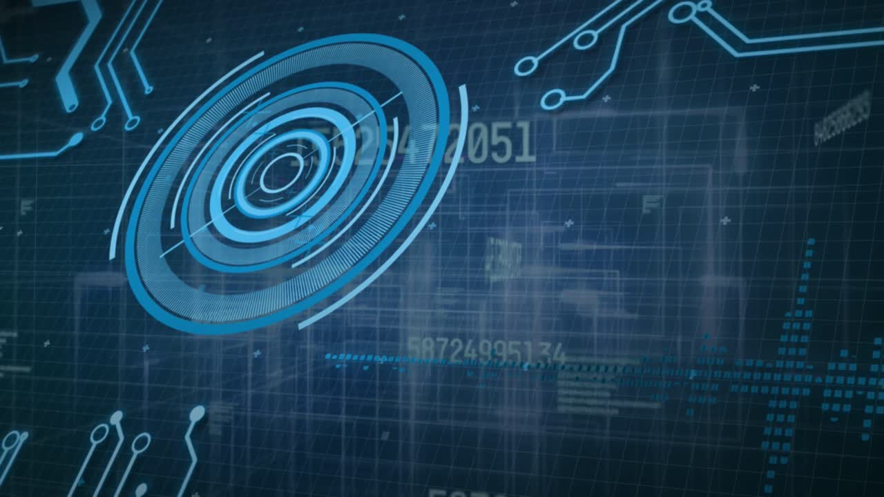 animación del procesamiento de datos, el escaneo de alcance y la placa de circuitos informáticos