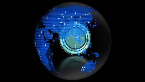 Animation-of-clock-moving-fast-over-globe-on-black-background