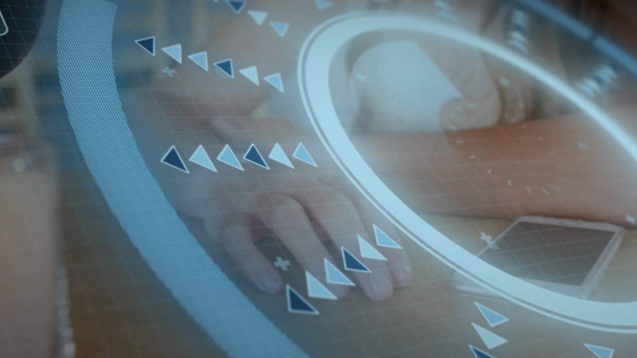 Woman leaning over table, moving hand into circular overlay, tapping smartphone to control tech HUD