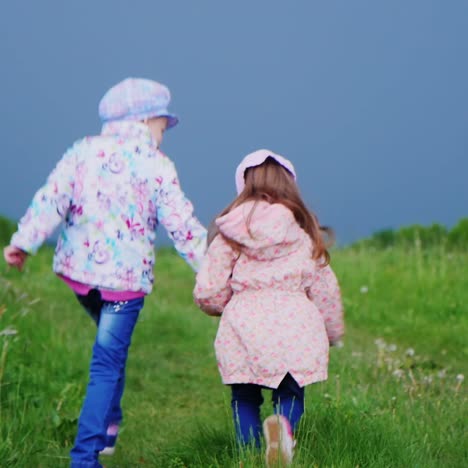 Two-cheerful-girls-run-hrough-the-meadow-holding-hands-1