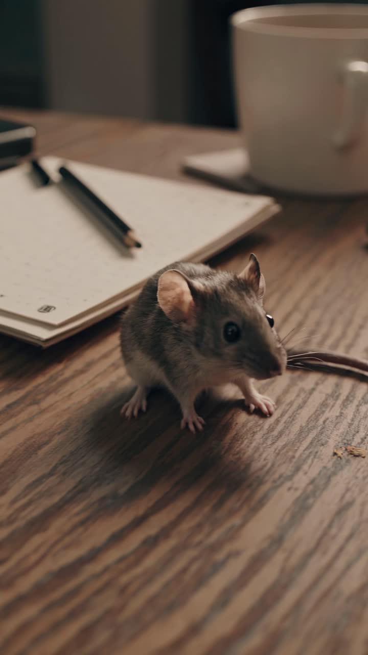 Video close-up tikus yang penasaran di atas meja kayu, dikelilingi alat tulis