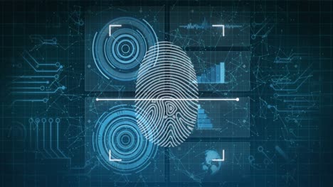 animation of biometric fingerprint scanner against interface with data processing on blue background