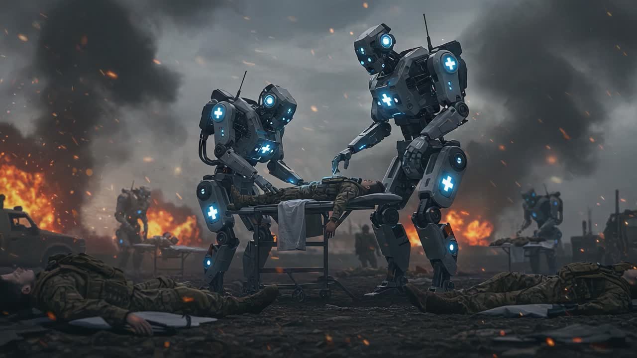 In un campo di battaglia distopico, robot medici avanzati utilizzano la loro tecnologia all'avanguardia per assistere i soldati feriti tra il caos e la distruzione che li circonda.