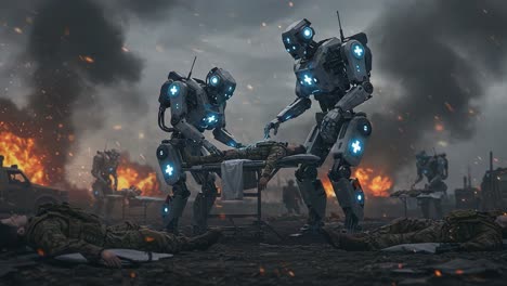 in a dystopian battlefield, advanced medical robots utilize their cutting-edge technology to assist injured soldiers amidst chaos and destruction surrounding them