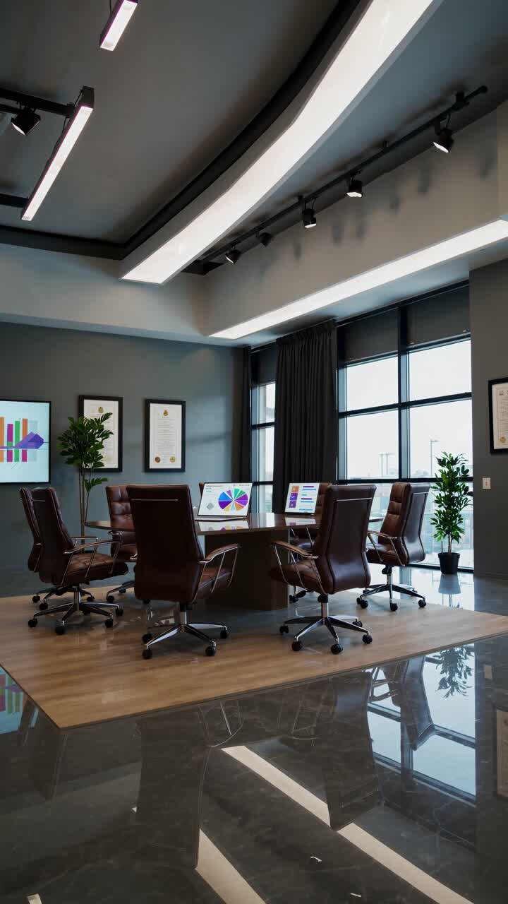 Empty conference room featuring leather chairs around a table with computers displaying charts and graphs, large windows offering natural light and a city view
