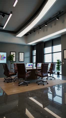 empty conference room featuring leather chairs around a table with computers displaying charts and graphs, large windows offering natural light and a city view