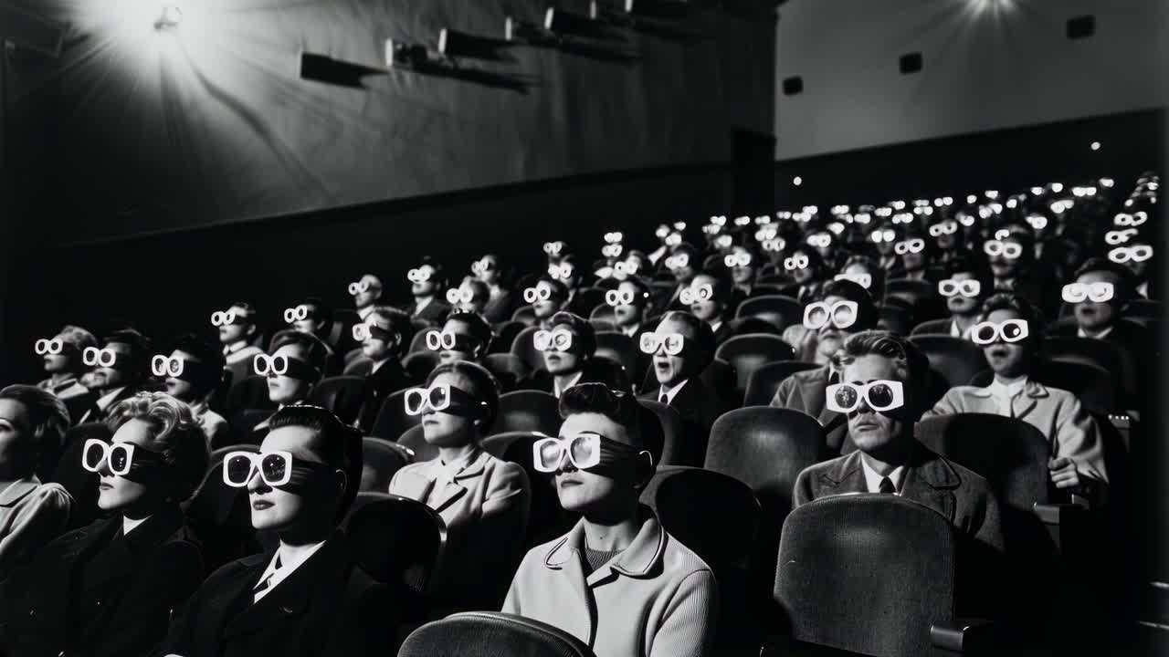 Black and white video still of an audience wearing 3D glasses in a theater