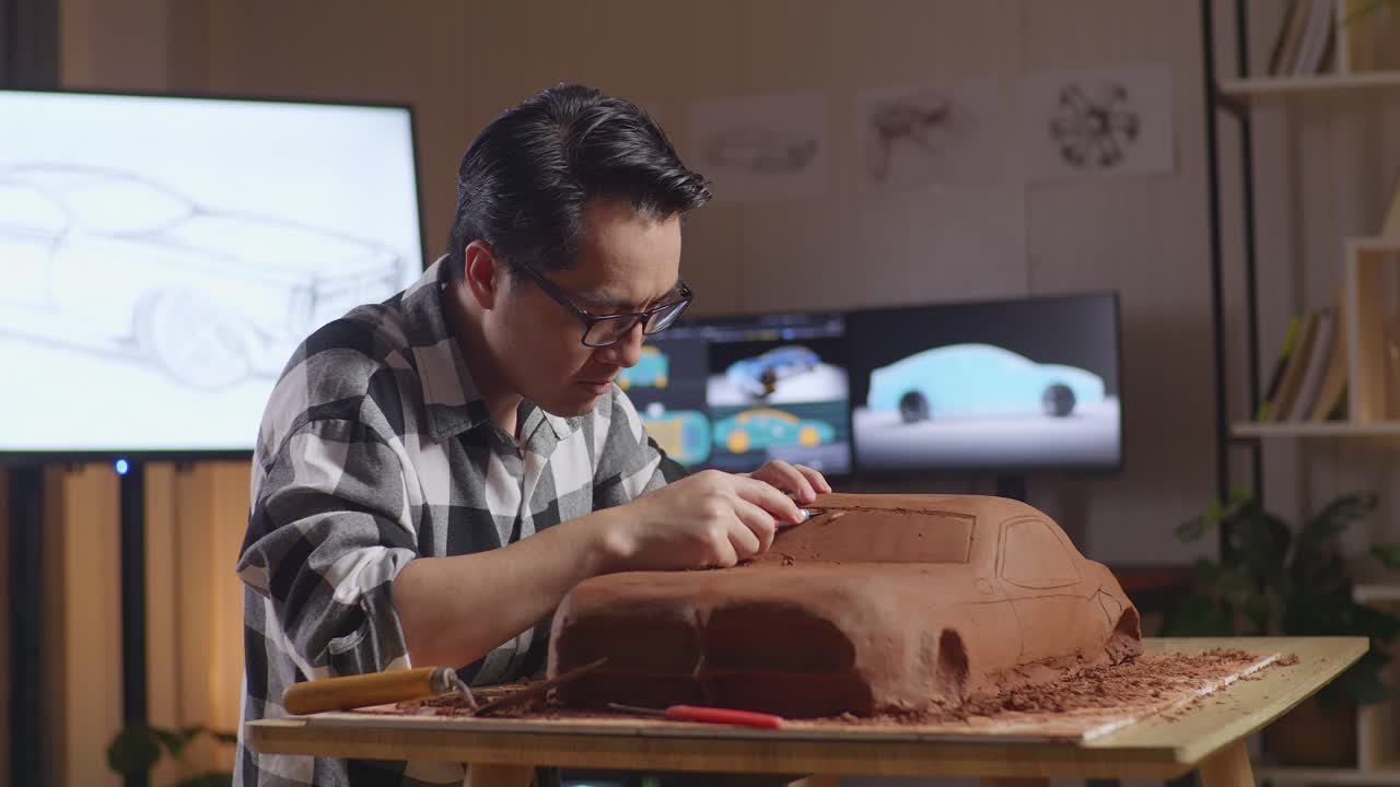 Asian Man Automotive Designer Works On The Sculpture Of Car Clay Using Rake Or Wire To Smooth Out The Surface And Create Details In The Design In The Studio