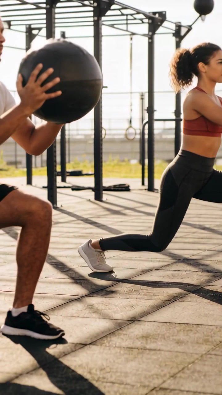 Vertikal video: Sporty par starter et sæt lunges ved vandkanten, mand holder medicinbold for at træne.