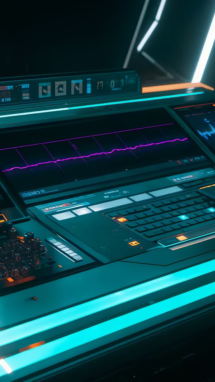 Vertical video: Cycling numeric values updating console displays in dark room, with purple waveform