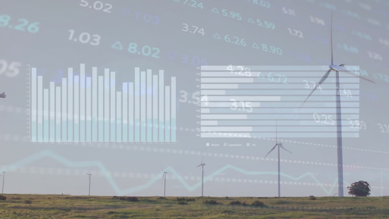 풍력 터빈을 통해 금융 데이터 처리의 애니메이션