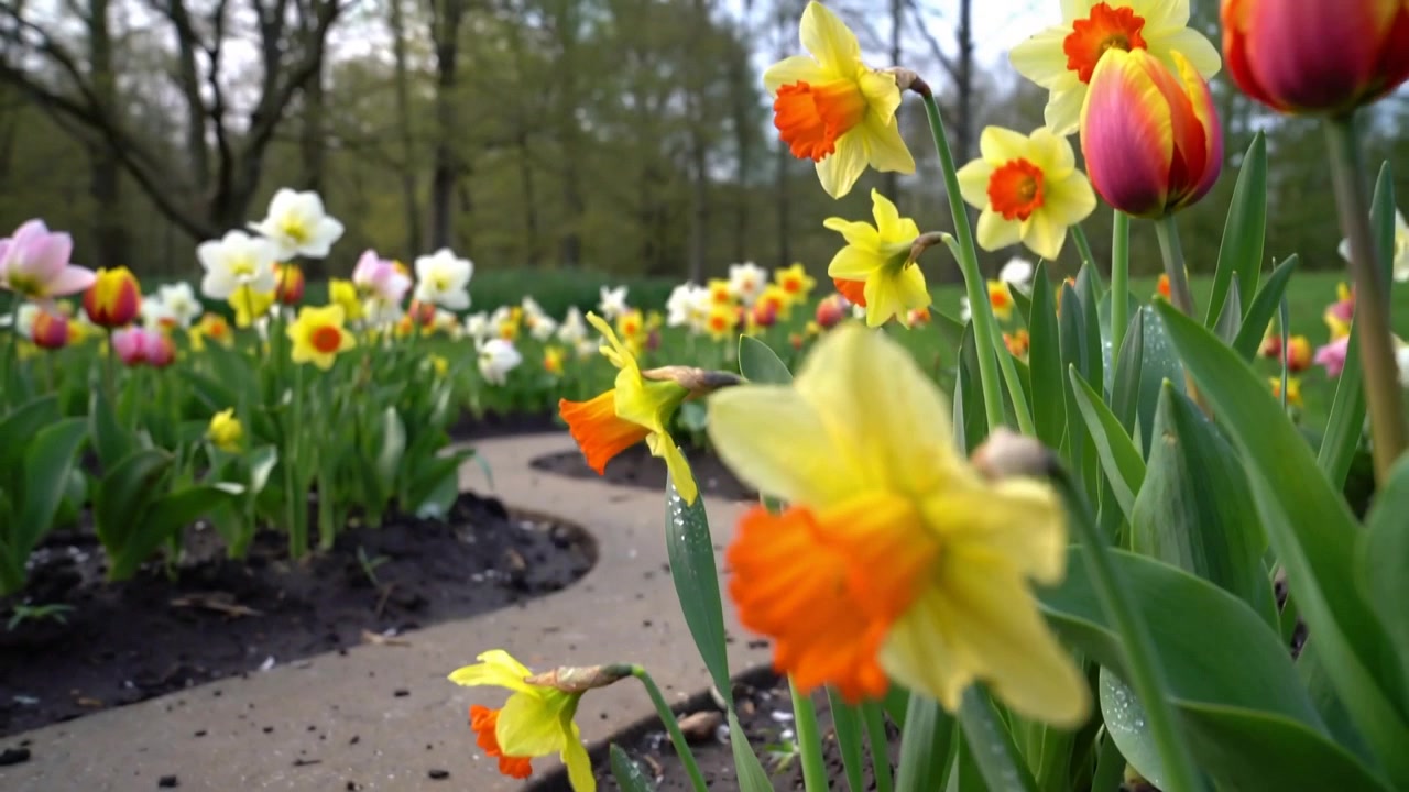 Terugtrekkende camera toont gele narcissen met oranje harten, tulpen langs gebogen pad, druppels.