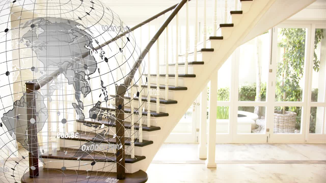 3D globe entering from right expanding rotating sliding data over stair fading left revealing foyer