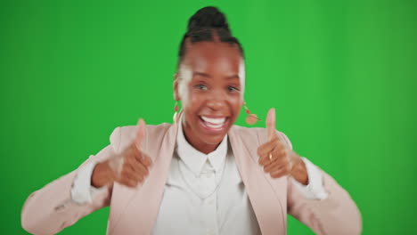 Thumbs-up,-green-screen-and-face-of-excited-woman