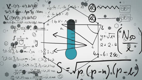 Animation-of-thermometer-and-mathematical-equations-on-white-background