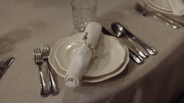 Elegantní prostírání s bílými talíři a stříbrem