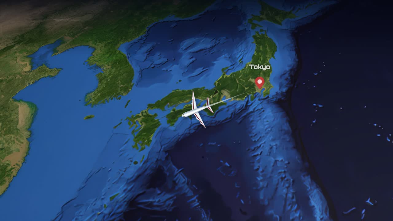 Satellite view animation tracks a commercial airplane flying from Tokyo to Guangzhou across East Asia