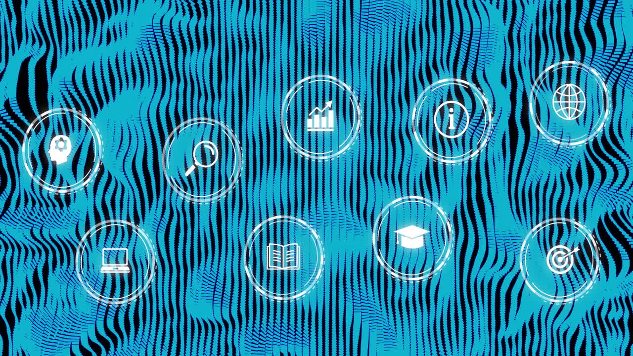 Animation of network of digital icons over blue glowing lines on dark background