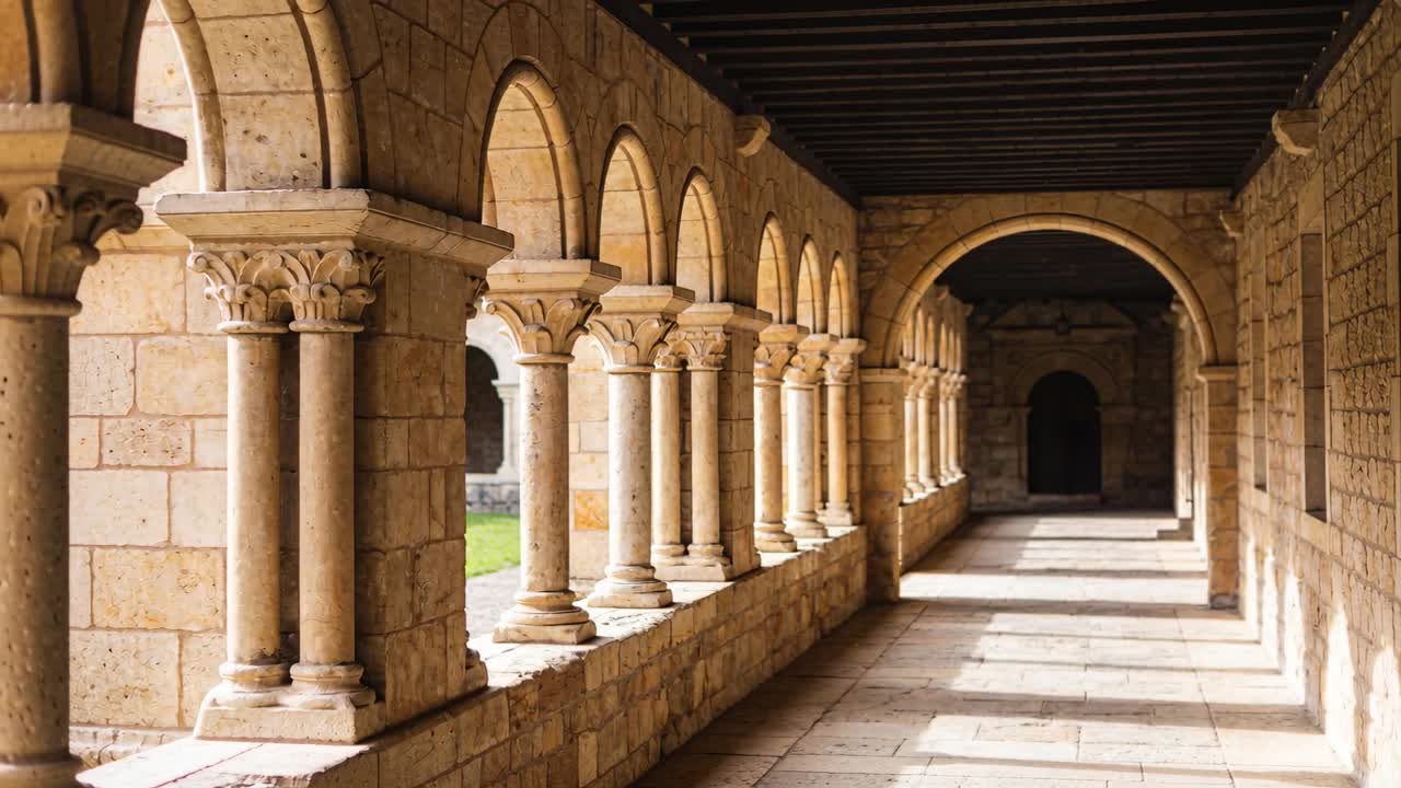 Telecamera in panoramica che mostra colonne di pietra accoppiate e archi in un chiostro, rivelando la profondità di un portale.
