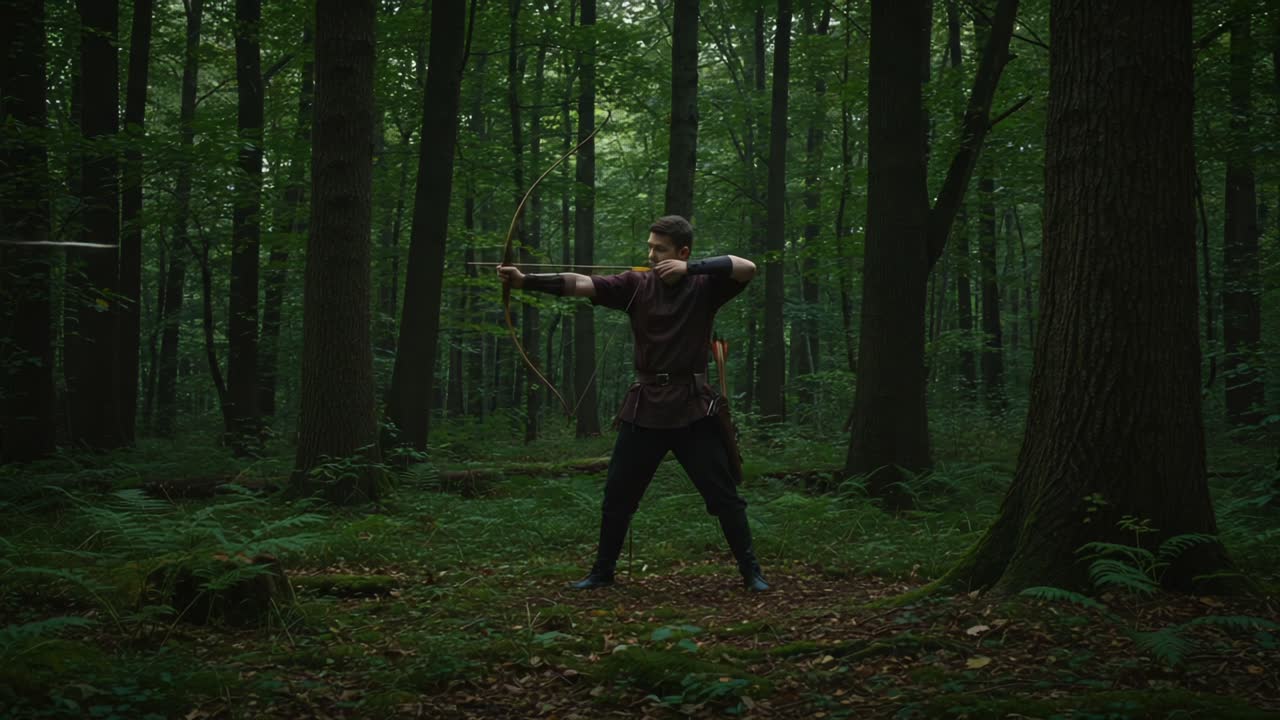 A skilled archer prepares for his next shot in a dense forest, embodying the spirit of adventure and mastery in the wild; showcasing focus, precision, and connection with nature