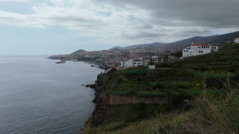 slow drone movement from hillside vegetation over terraced farms revealing funchal skyline, coastline and cruise harbor on madeira island, portugal