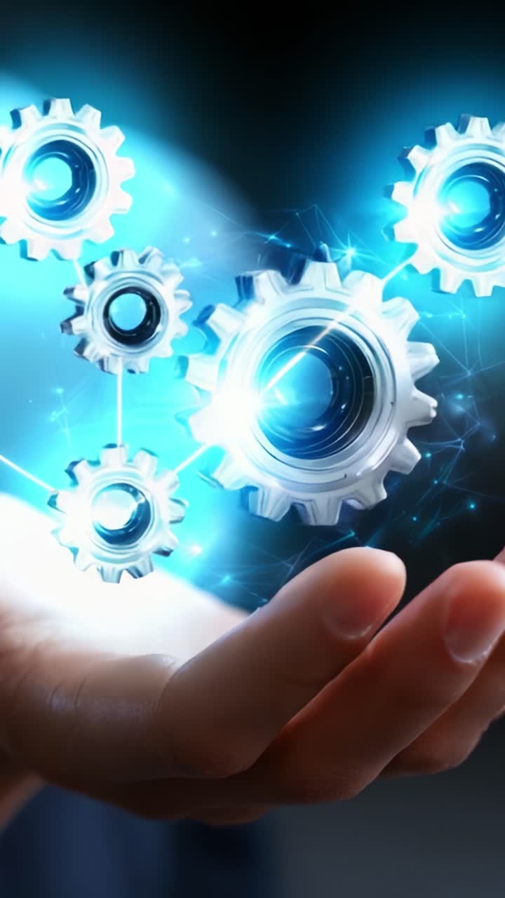 A Human Hand Manipulating Floating Gears in a Futuristic Digital Environment Signifying Innovation, Technology, and Advanced Mechanics in Action