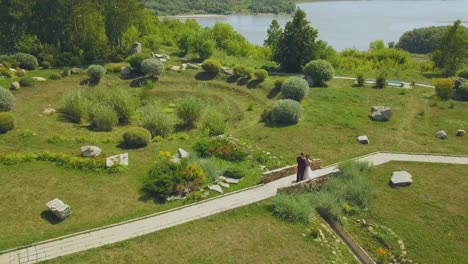 just-married-couple-kisses-on-bridge-in-park-bird-eye-view