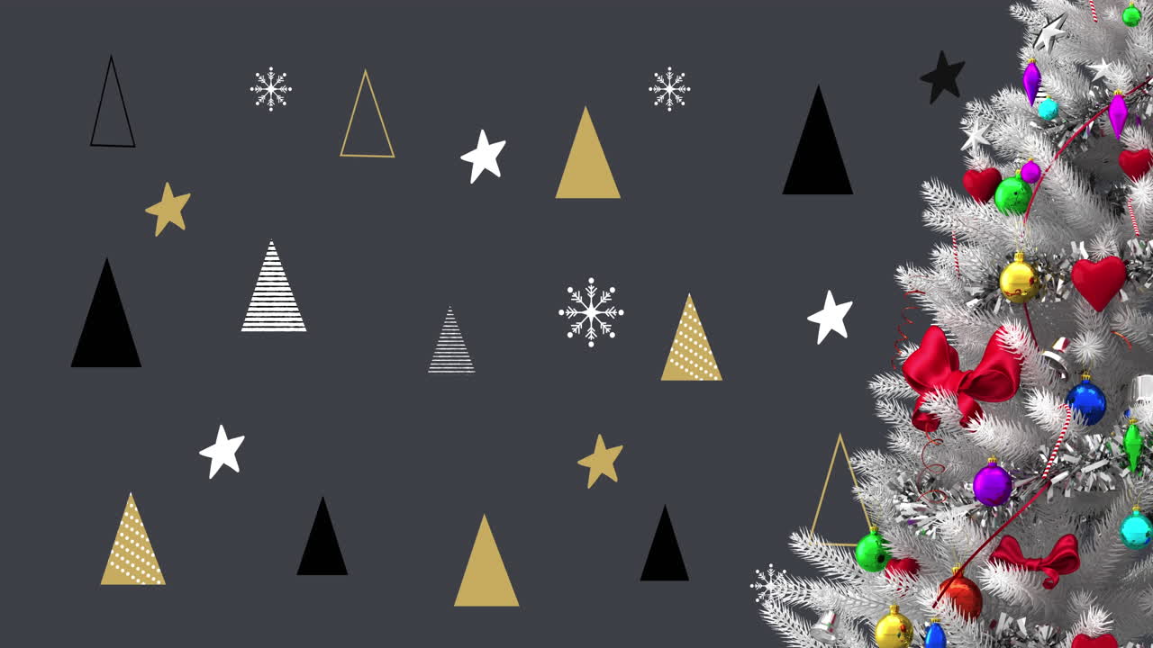 animación de nieve cayendo sobre árboles de navidad y decoraciones