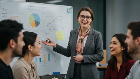 engaging business presentation: a confident speaker leading a team discussion with visual data on board, building collaboration and insightful decision-making