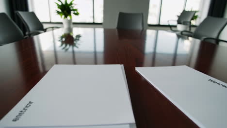conference room with welcome brochures