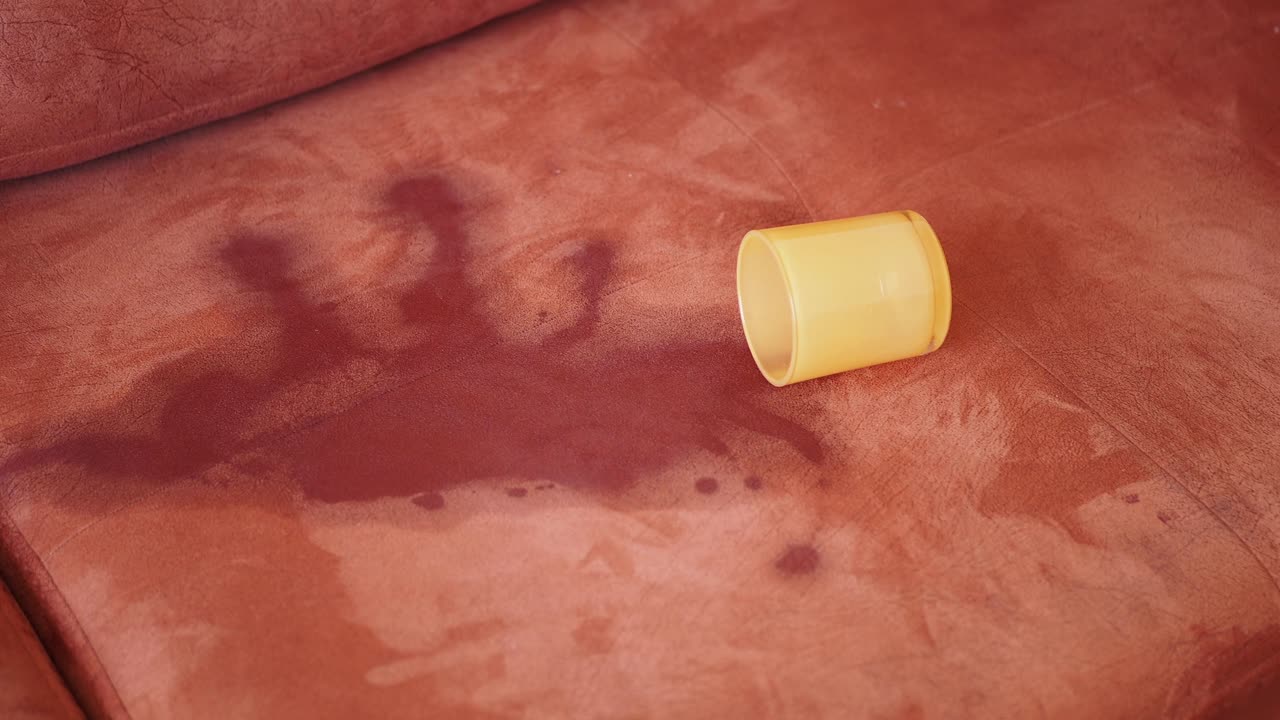un sofá marrón con una mancha roja y un vaso en él