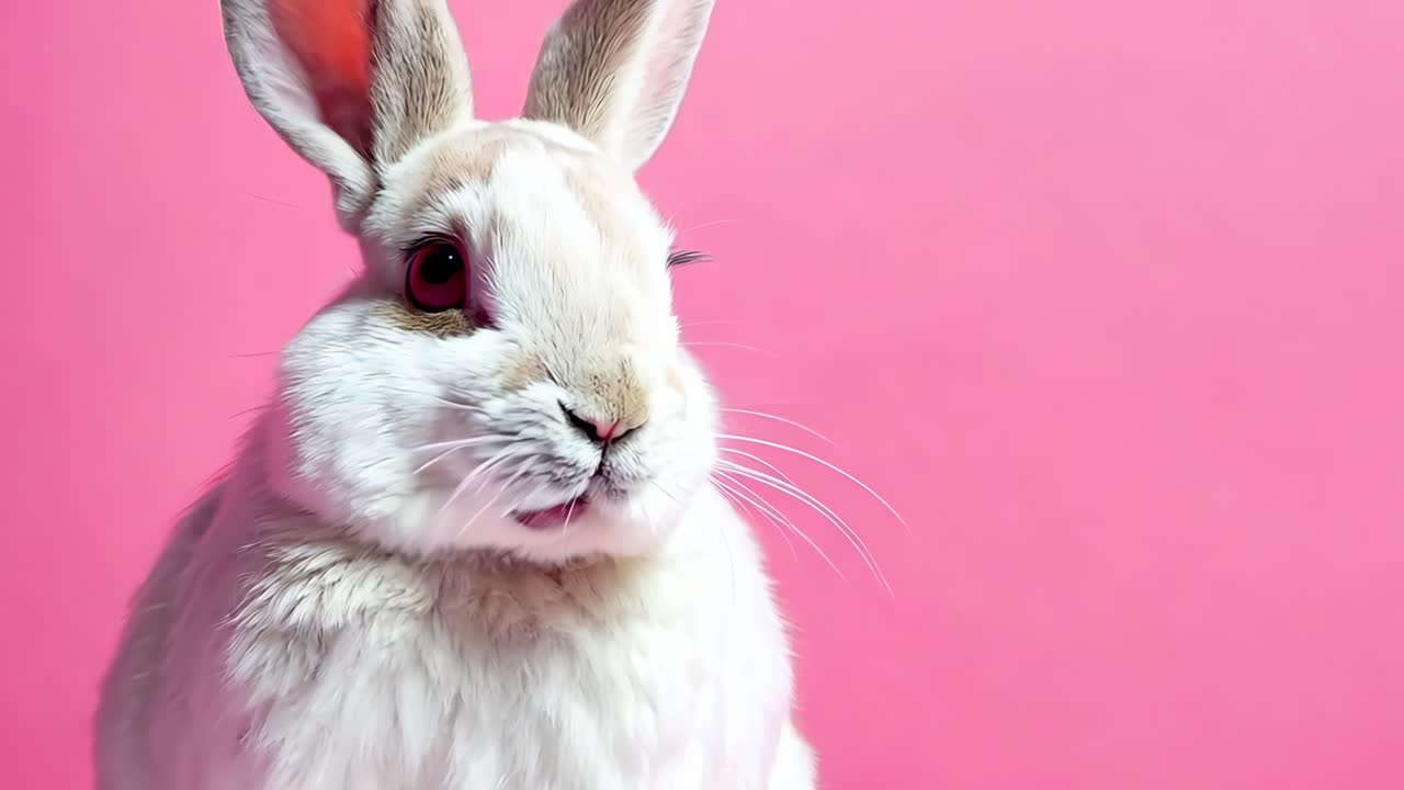 핑크색 배경에 앉아 있는  토끼