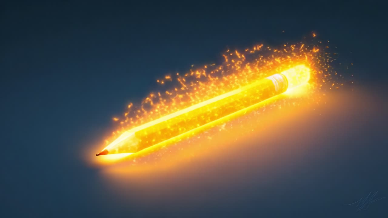A radiant pencil bursts with magical energy, creating a mesmerizing display of vibrant sparks and glowing trails, illustrating the beauty of creativity in motion and imagination