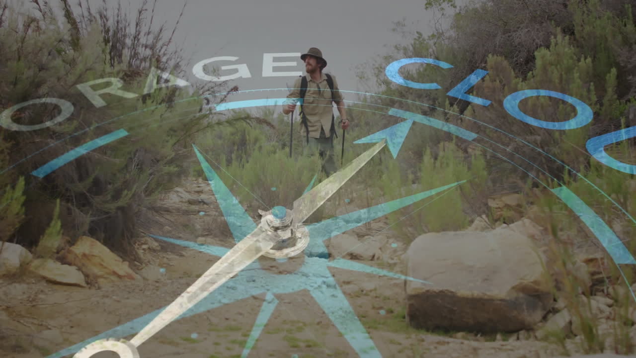 Hiker exploring rocky trail in outdoor navigation, with spinning digital compass graphic