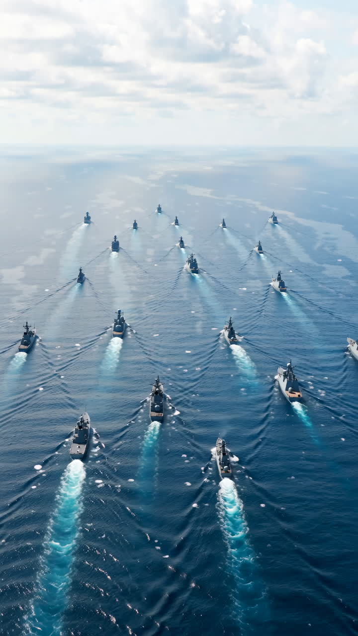 Aerial View of a Large Naval Fleet Formation at Sea