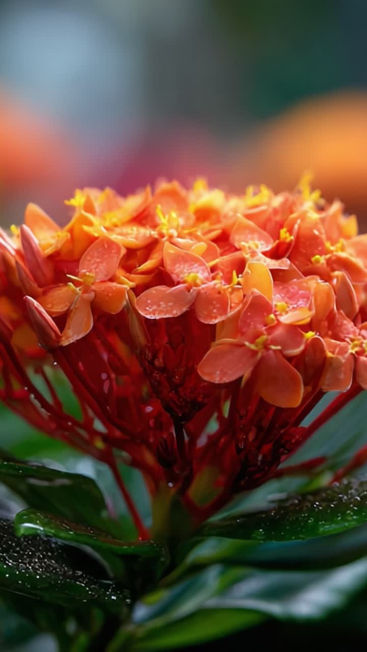 Fiori tropicali vivaci: una prospettiva ravvicinata delle splendide fioriture arancioni-rosse, circondate da una vegetazione lussureggiante con uno sfondo sfocato