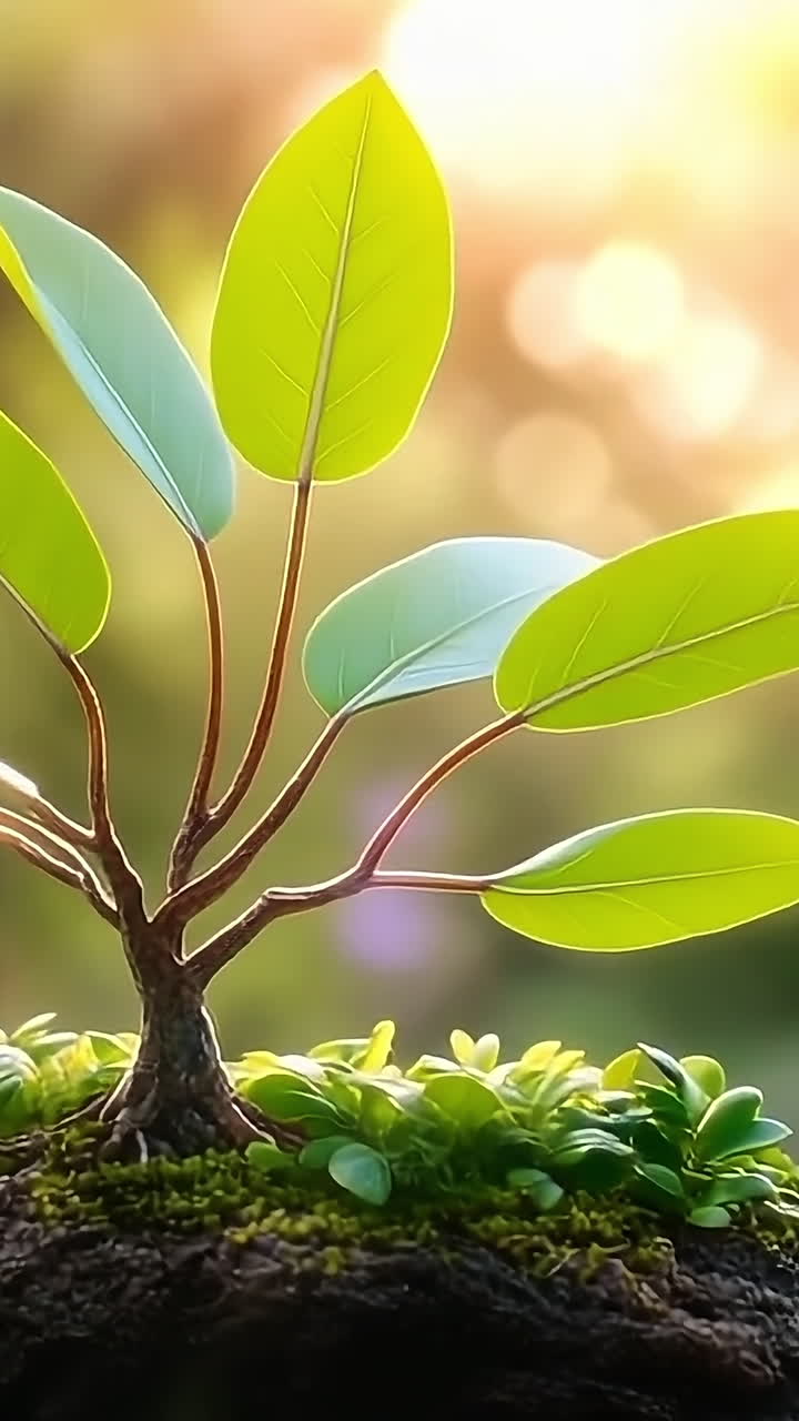 Green sapling grows in sunlit forest. Small tree with vibrant leaves thrives on moss-covered ground in a sunlit forest, showcasing nature's beauty.